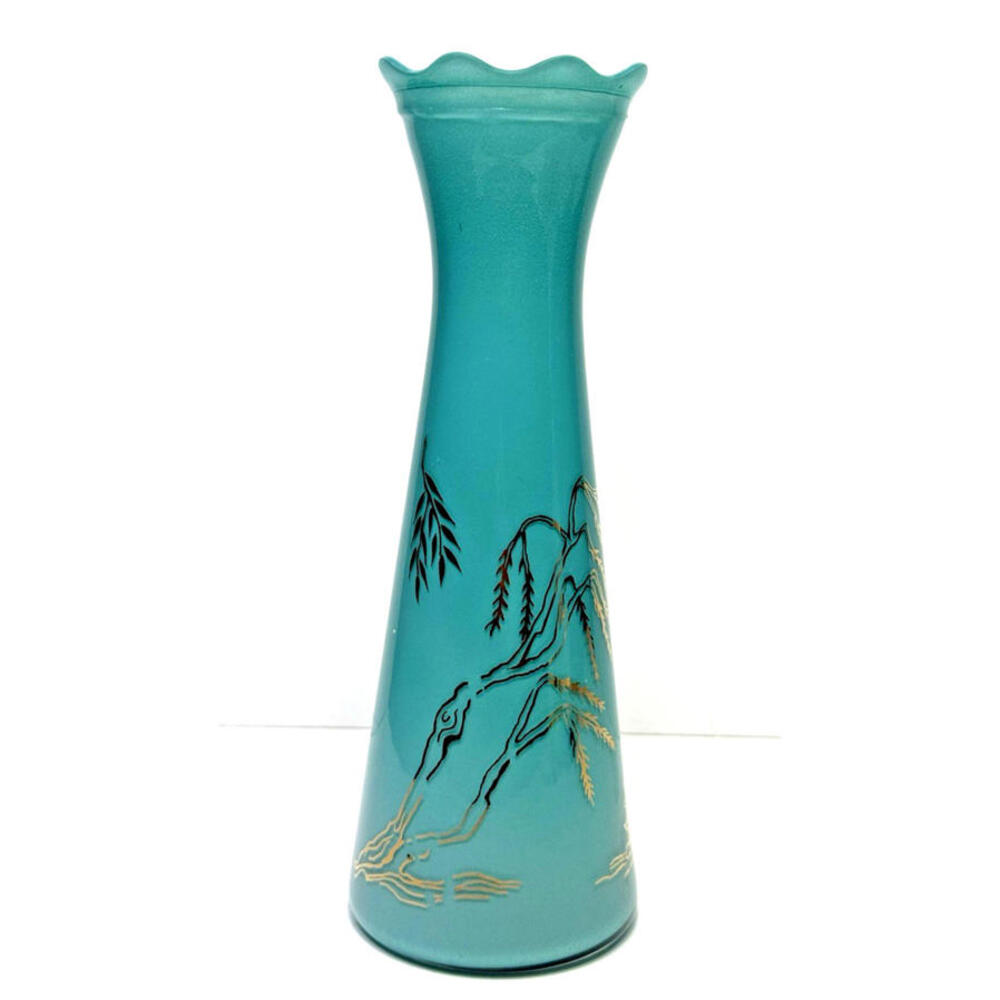 Vtg Bartlett Collins Aqua Teal Blue Atomic Age Glass Vase 9" Gold Asian Pagoda